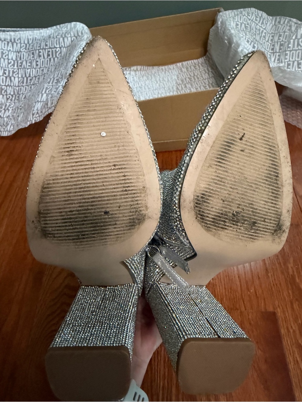 Steve Madden Silver Rhinestone Pointed Toe Block Heel Ankle Boots - Picture 5 of 10